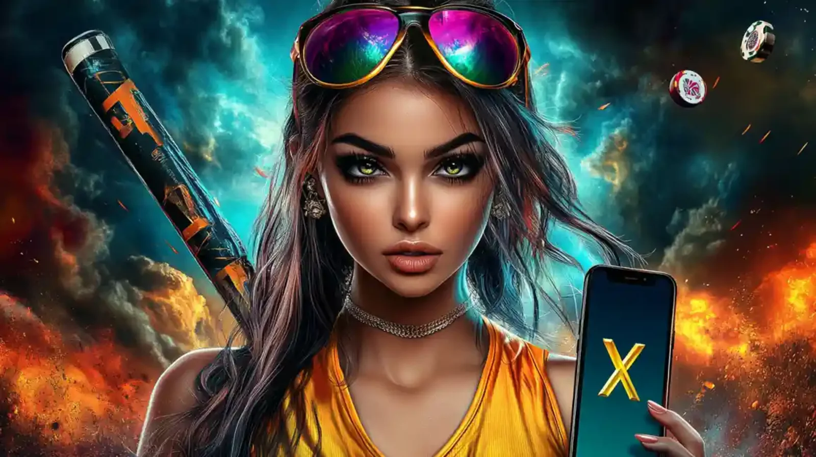 Woman holding a baseball bat and smartphone representing mobile gaming action