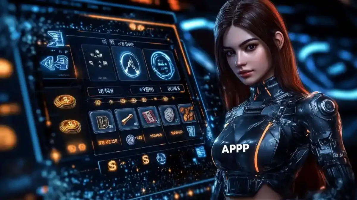 Woman in a futuristic suit standing next to a holographic app interface screen