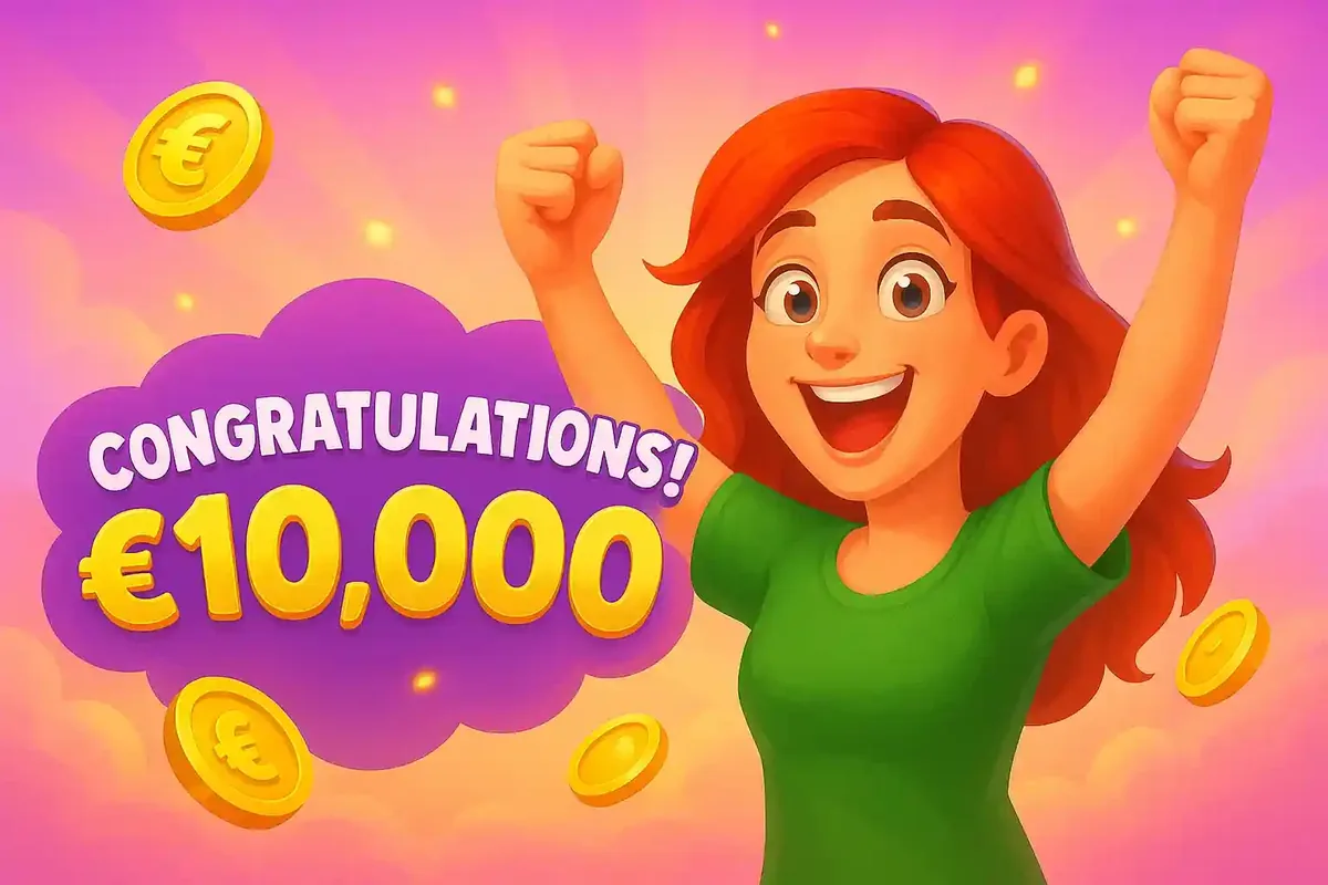 Cartoon woman celebrating a ten thousand euro win in Aviamasters