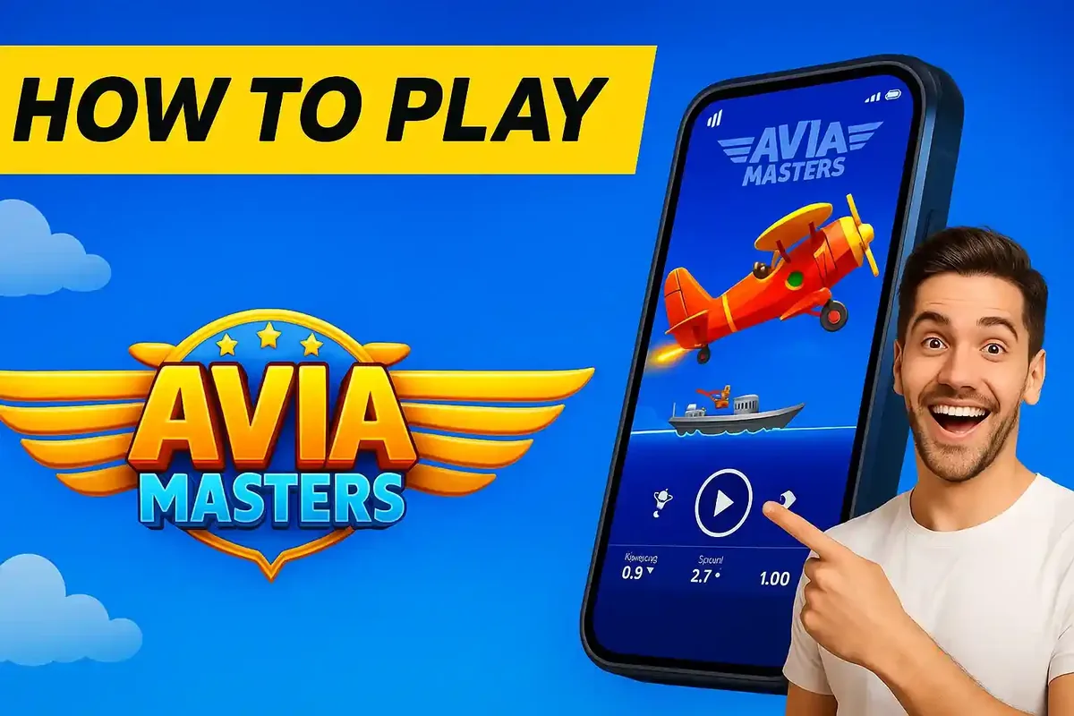 Man pointing at a smartphone screen showing the Aviamasters game interface