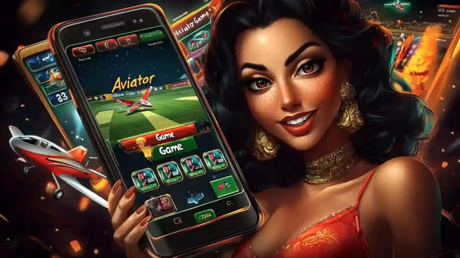 Smiling woman holding a smartphone displaying the popular Aviator crash game