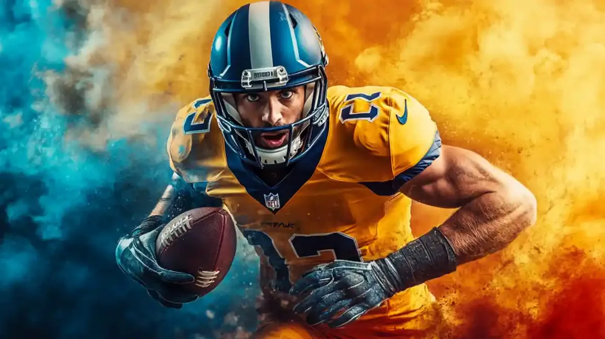 American football player in a yellow jersey running with the ball in smoke