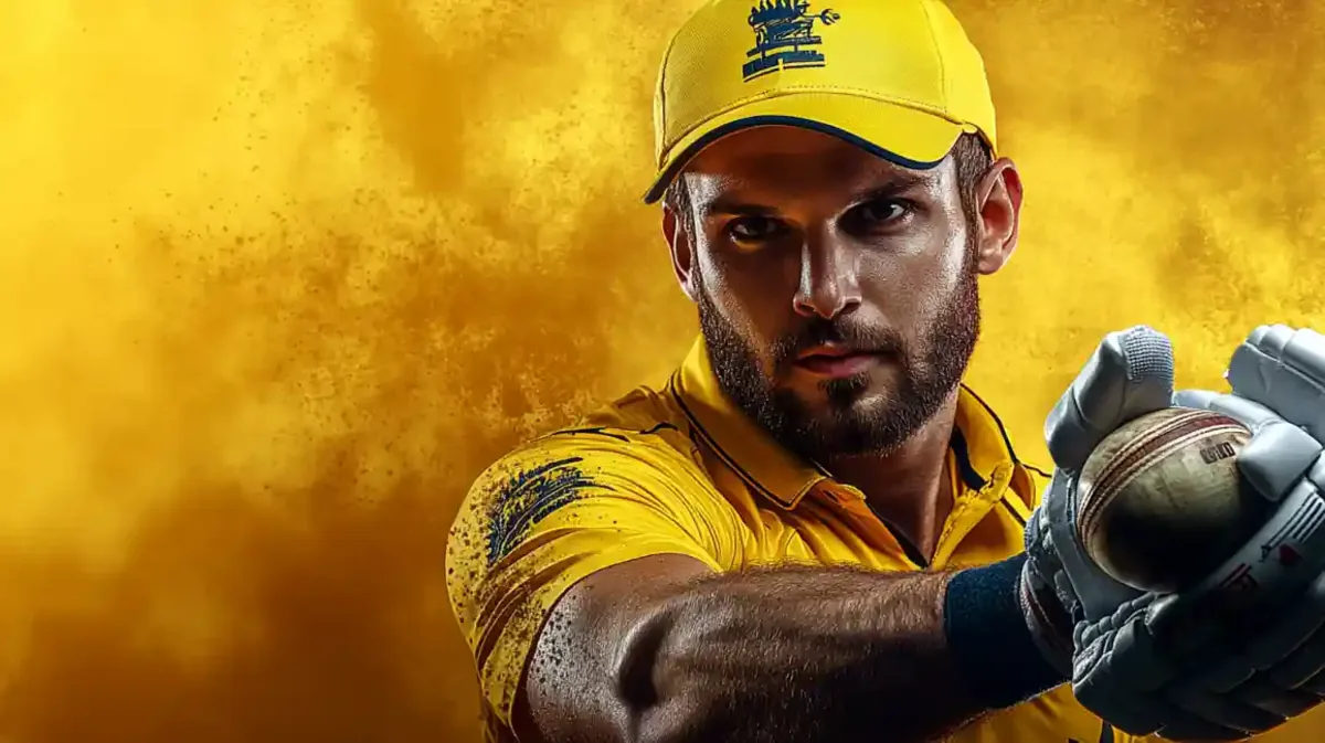 Intense cricket batsman ready to strike the ball with yellow dust background