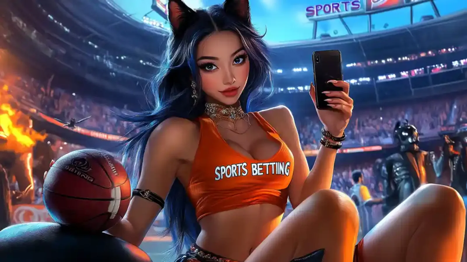 Woman wearing an orange crop top holding a basketball with sports betting text