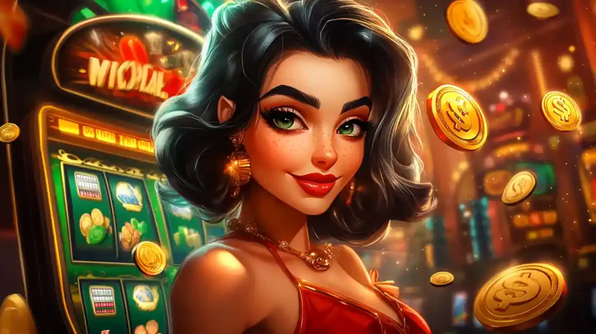 Elegant woman smiling surrounded by falling golden coins and casino chips