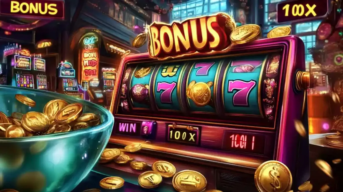 Close up of a slot machine reel showing a one hundred times multiplier bonus