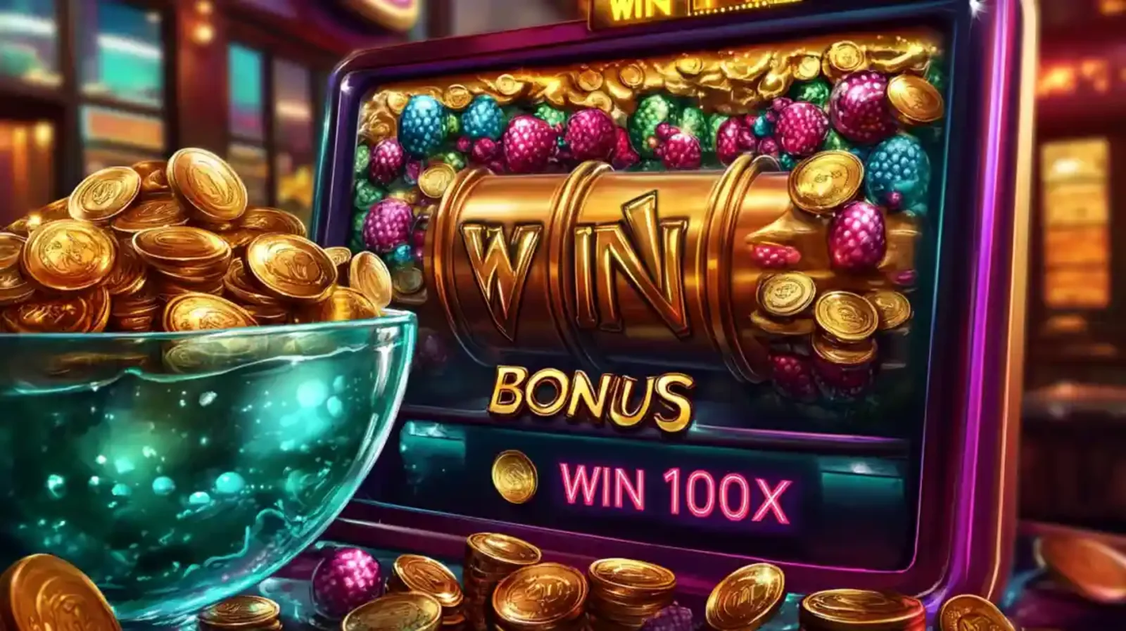 Slot machine screen displaying a large win bonus notification with gold coins