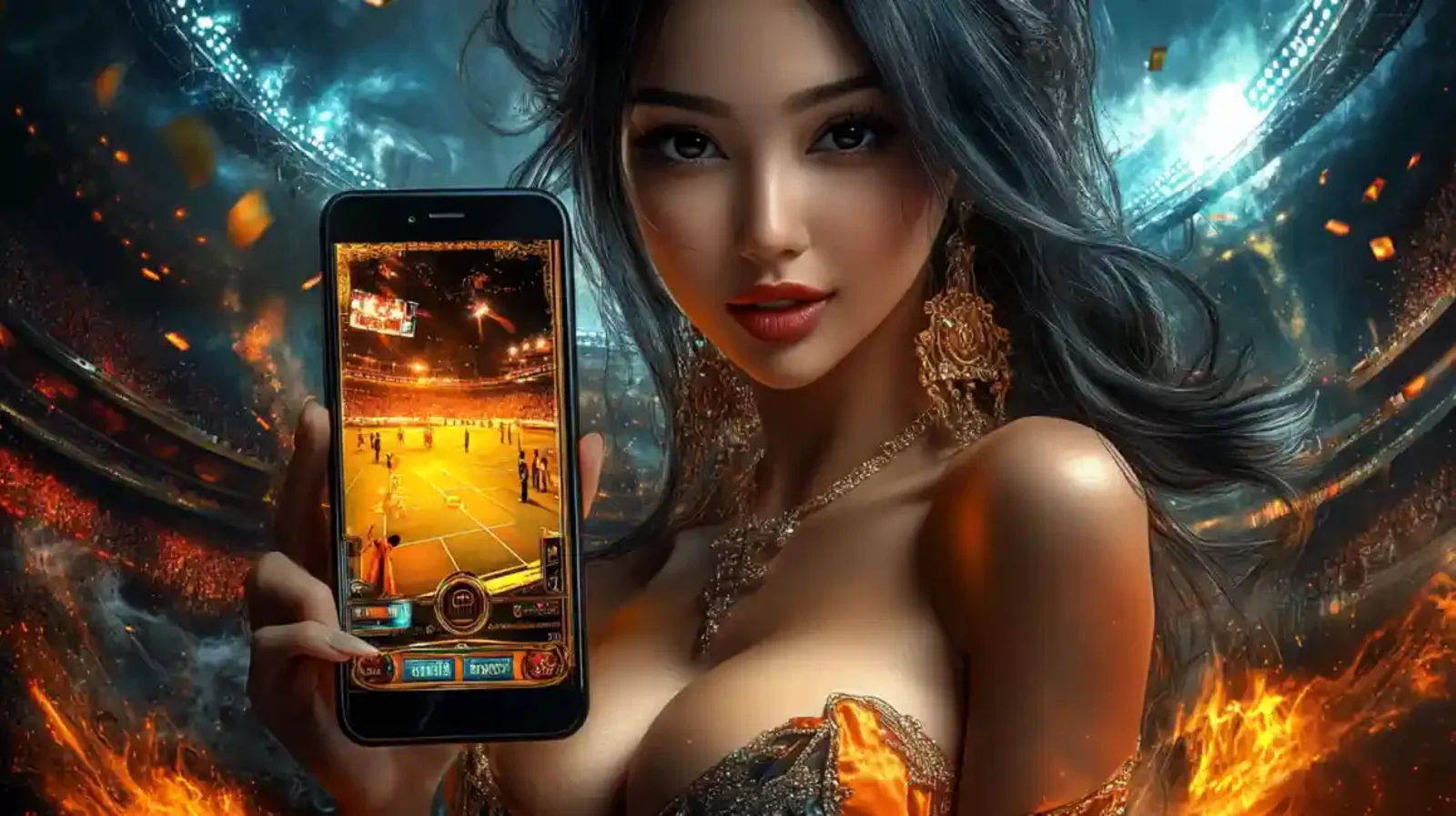 Woman holding a phone displaying a live sports match and betting options