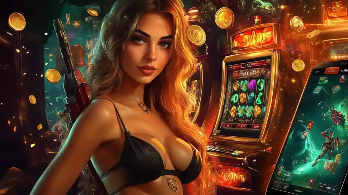 Stylish woman standing next to a slot machine with golden coins and lighting
