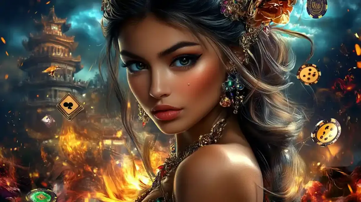 Beautiful woman in traditional attire with casino chips and architectural background