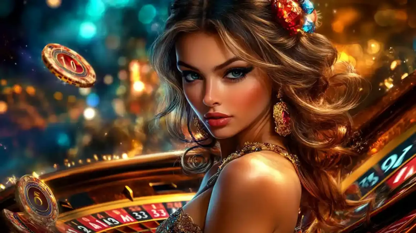 Sophisticated woman posing in front of a glowing digital roulette wheel