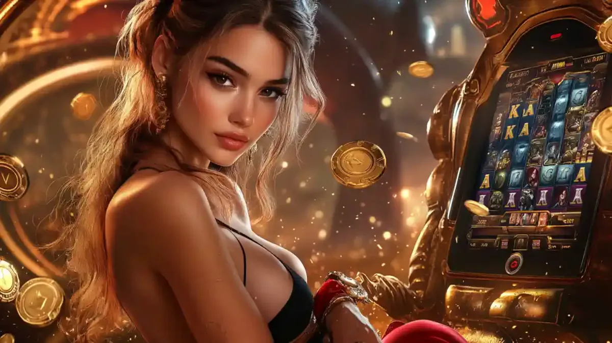 Elegant woman in a black dress standing next to a luxury slot interface