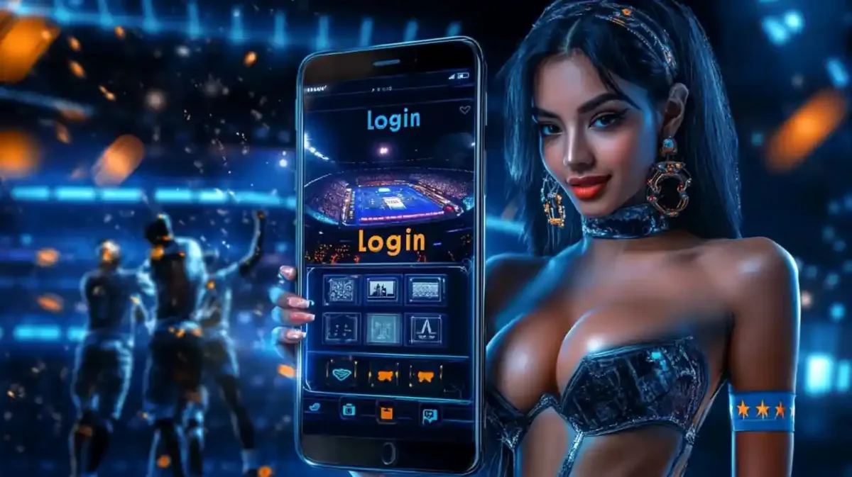 Smartphone screen showing a stadium background and secure login fields