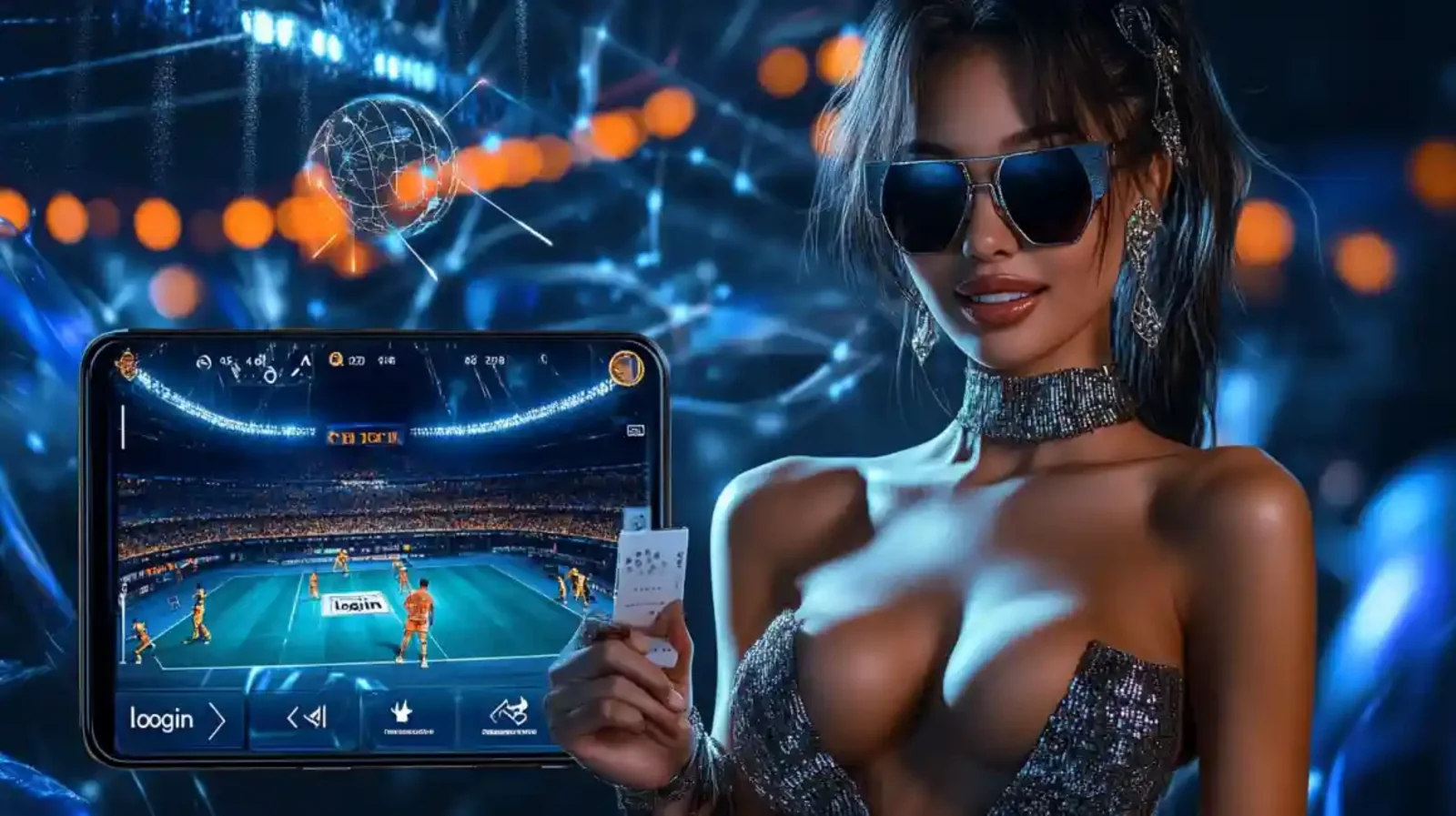 Woman wearing sunglasses holding a tablet displaying the casino login page