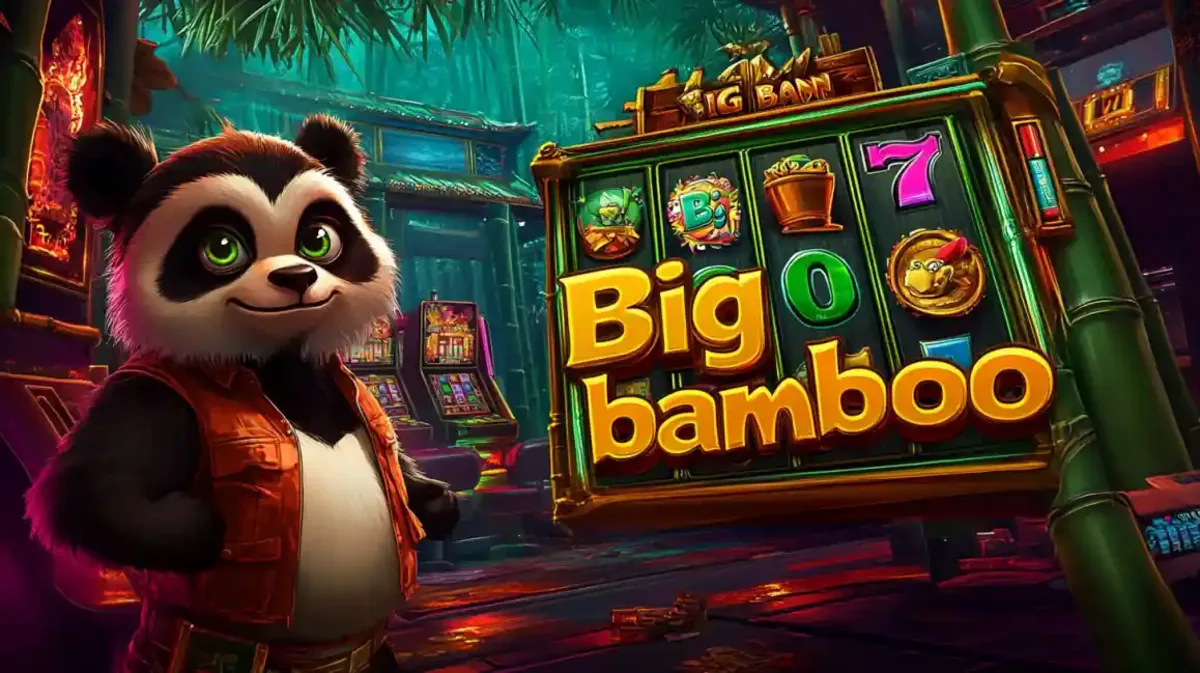 Friendly panda character standing next to the Big Bamboo slot machine grid