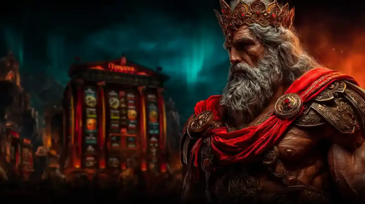 Powerful Zeus character with glowing blue eyes and ancient Greek slot elements