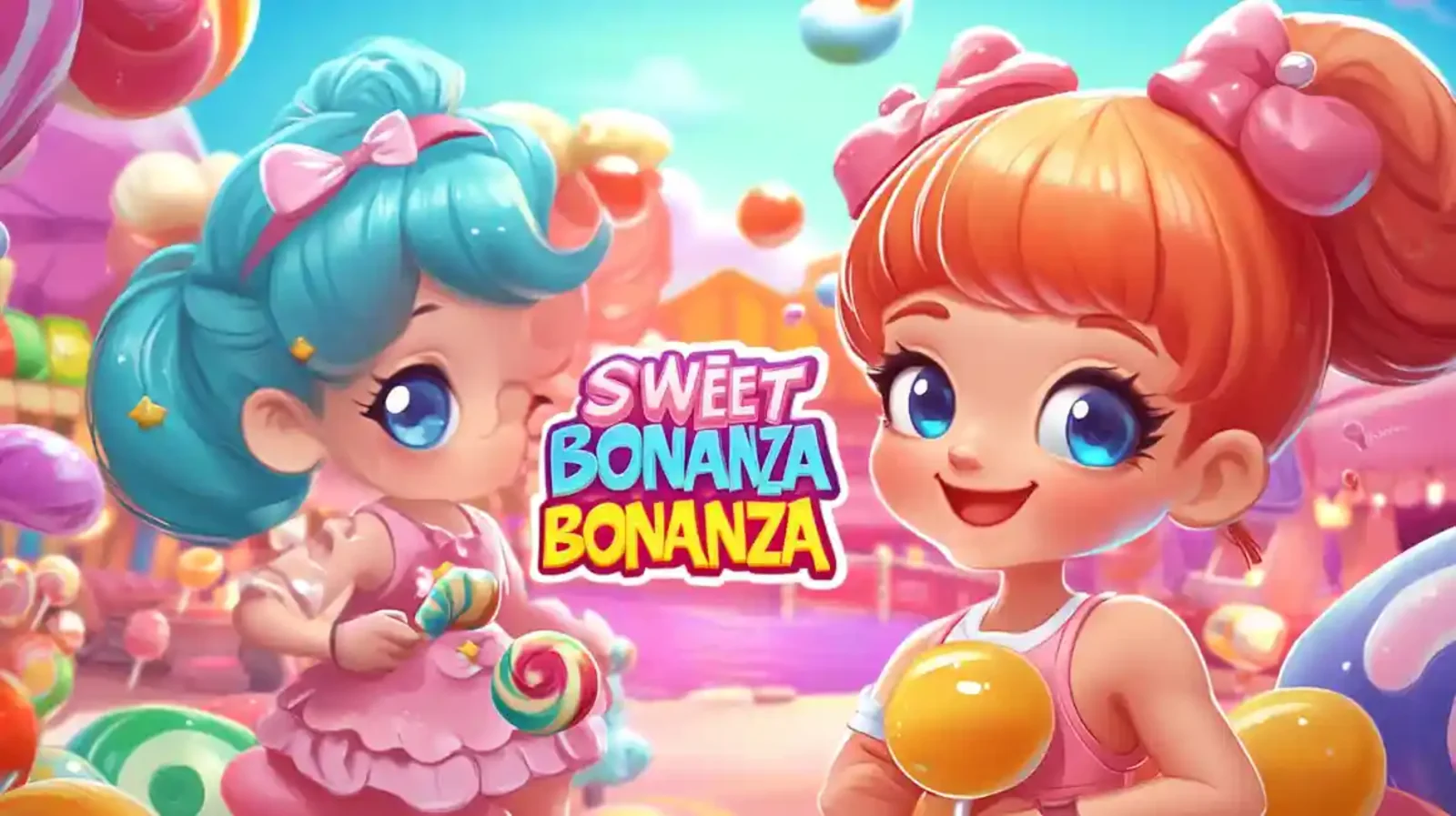 Cute anime style character with colorful candies and lollipops from Sweet Bonanza