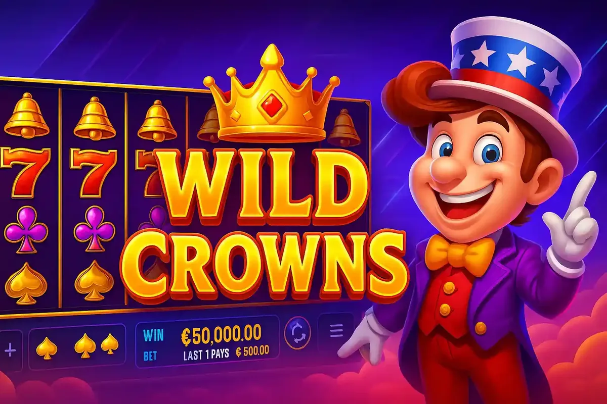 Cheerful joker character wearing a top hat standing next to a slot grid