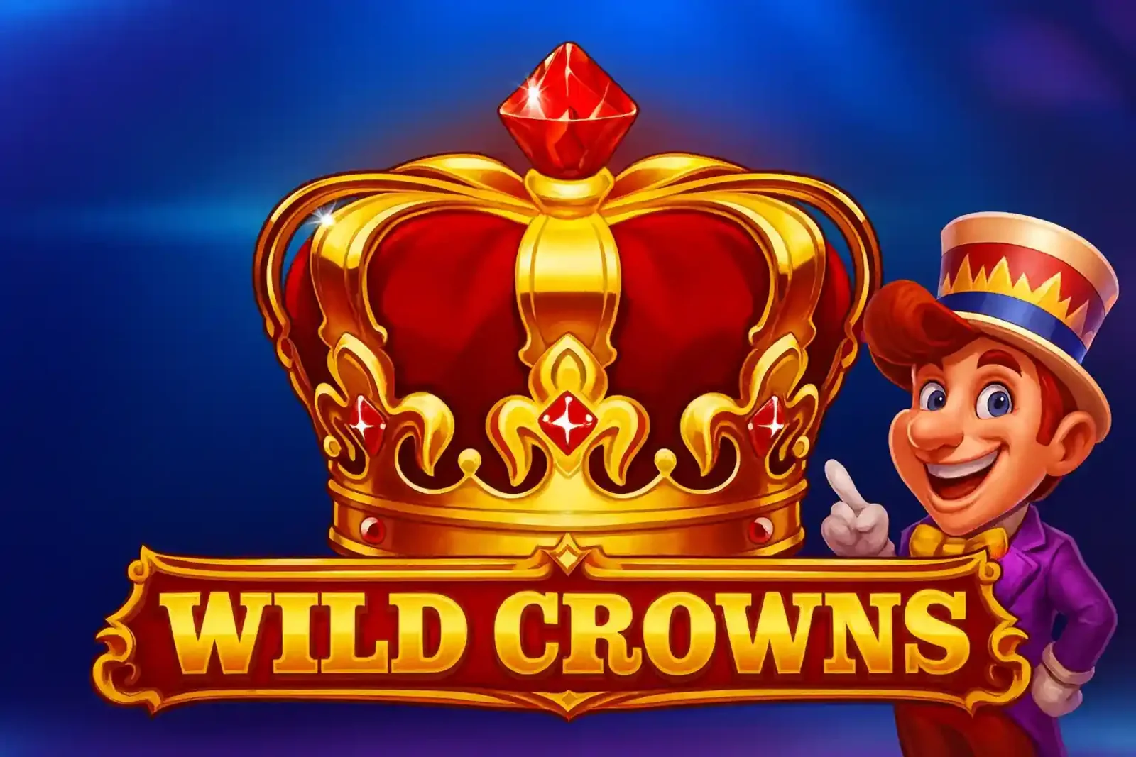 Golden logo of the Wild Crowns slot game with a red jeweled crown