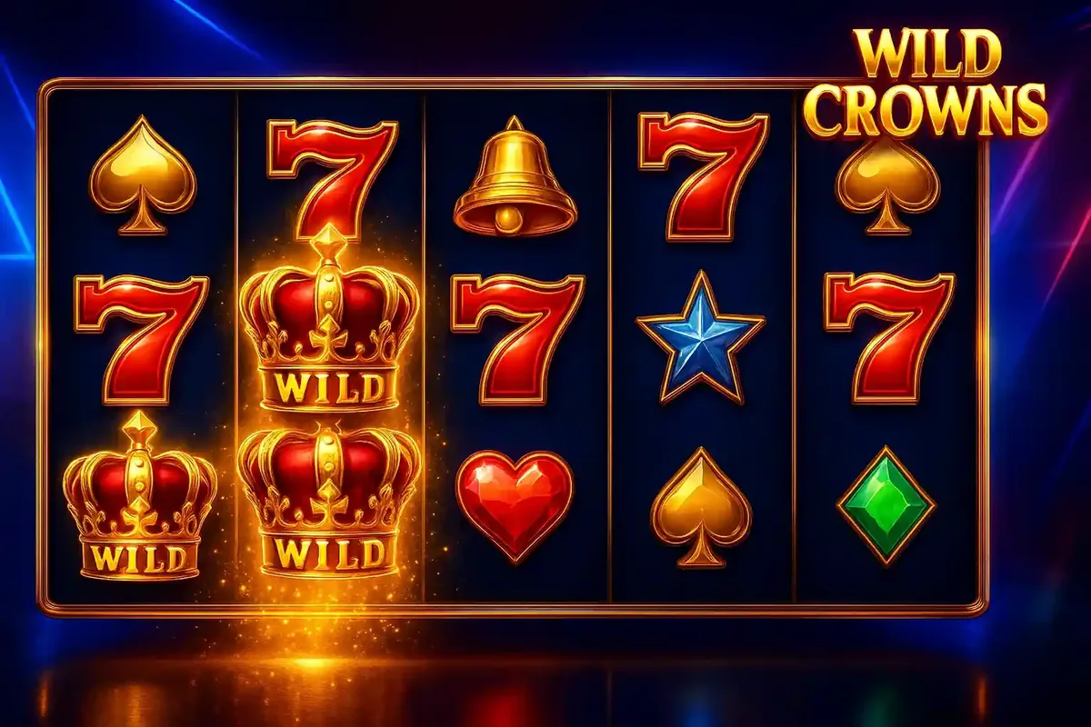 Close up of slot reels showing lucky sevens and royal crown wild symbols
